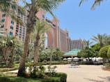 A large, pink-colored resort building with an archway takes center stage, surrounded by lush palm trees and manicured gardens. The foreground features an outdoor chessboard with pieces arranged for a game. A dome-roofed structure and shaded seating areas are visible beneath the clear blue sky.