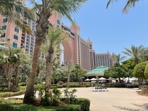 A large, pink-colored resort building with an archway takes center stage, surrounded by lush palm trees and manicured gardens. The foreground features an outdoor chessboard with pieces arranged for a game. A dome-roofed structure and shaded seating areas are visible beneath the clear blue sky.