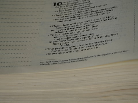 A close-up view of an open book displaying a passage of text on one page with visible paragraph numbers and footnotes. The text is laid out with numbered sections and uses a serif font. The pages have a cream color, and the text includes religious or poetic language.