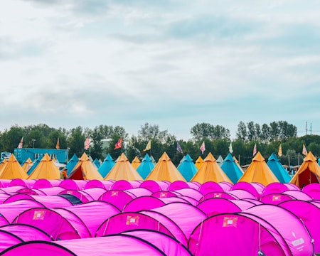 A campsite filled with numerous vibrant tents, predominantly purple in the foreground, with yellow and blue teepee-style tents in the background. The site is decorated with colorful flags perched atop some of the tents and surrounded by lush green trees under an overcast sky.