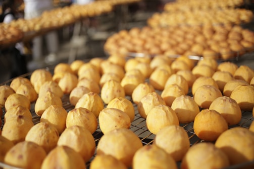 Round, orange fruits are arranged in neat rows on metal racks, likely being dried in the sun.