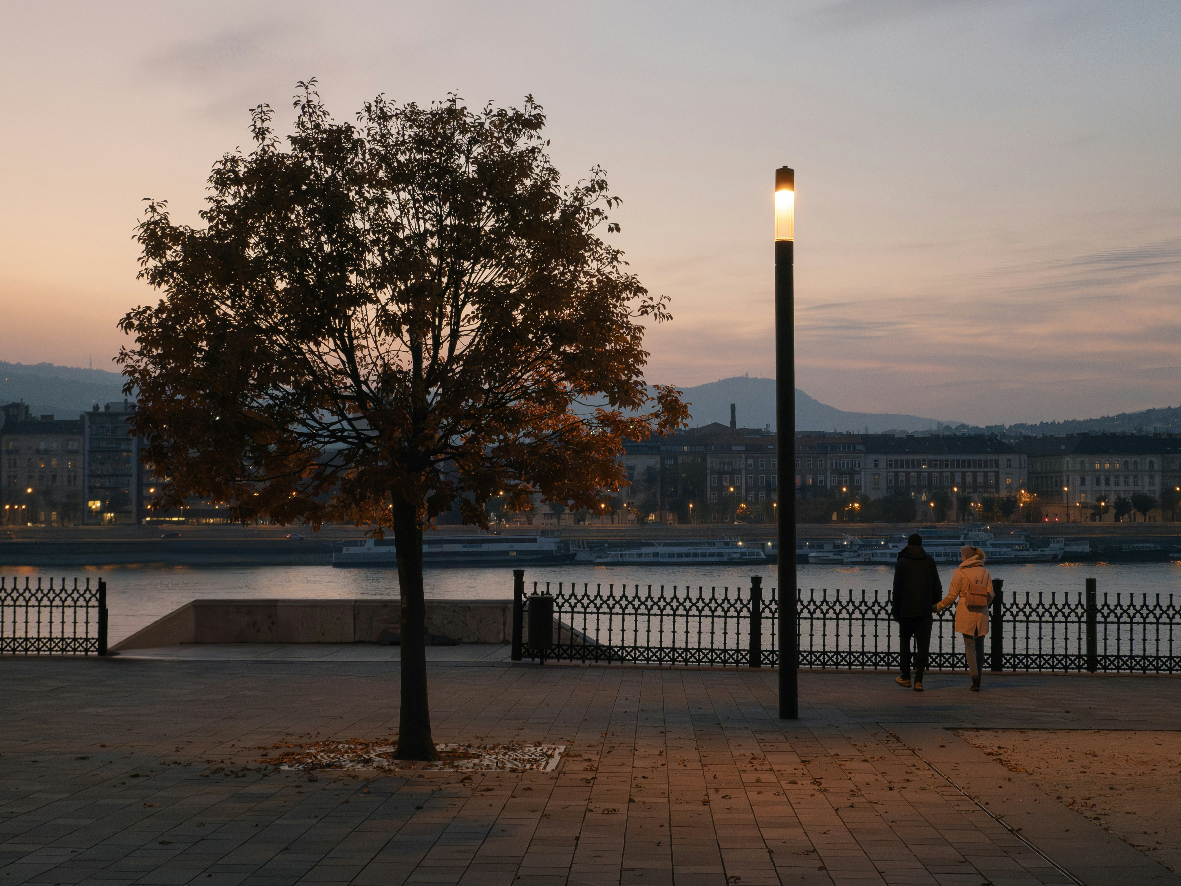 a couple of people walking down a sidewalk next to a tree