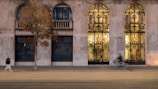 A city street scene with a stone facade featuring large, decorative ironwork doors and windows. The sidewalk is lined with tram tracks, a single tree, and two people in motion, both blurred slightly as if captured mid-movement.