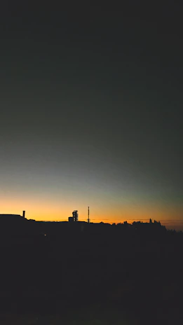 Sunset view over the blueberry fields with the factory silhouette in the background.