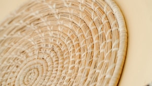 A close-up of a woven wicker basket with intricate patterns, showcasing the texture and craftsmanship of the intertwined natural fibers. The basket appears to have a circular design with a light beige color.