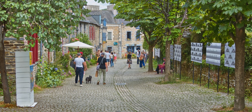 a group of people walking down a cobblestone road