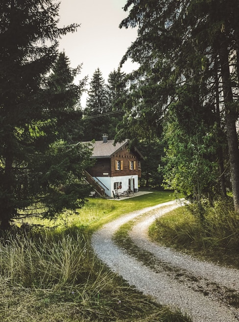 A quaint wooden house is nestled among tall evergreen trees. The rustic building features a sloped roof and upstairs windows with shutters. A narrow gravel path leads up to the house, surrounded by lush green grass and trees. The setting is serene, exuding a sense of tranquility and seclusion.