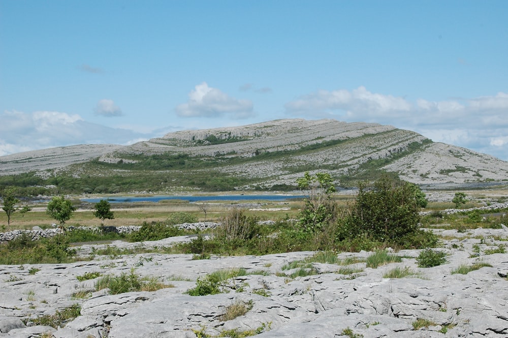 Una vista di una catena montuosa con un lago in lontananza