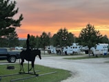 Sunset view of the ranch with tiny homes silhouetted against a colorful Texas sky.
