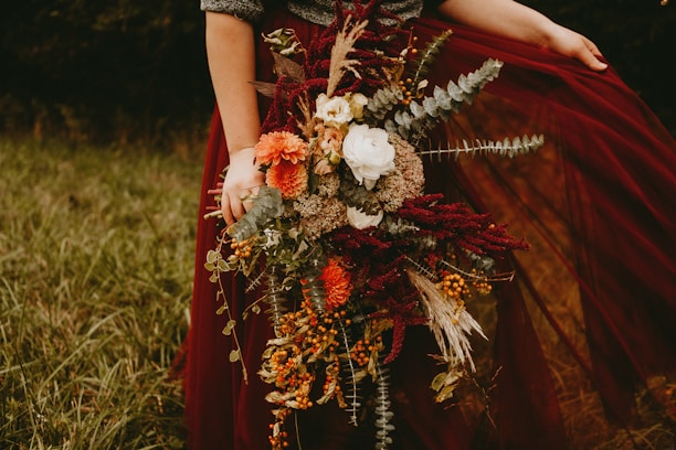 A stunning wedding bouquet featuring seasonal blooms.