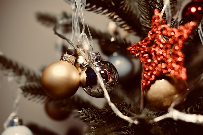 Christmas decorations on a tree include gold and silver baubles, a red star ornament, and twinkling lights. The branches of the tree are lush and green, creating a festive and cheerful atmosphere.