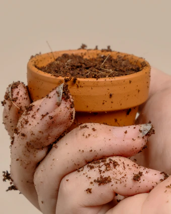 A close-up of hands holding a well-used garden trowel with fresh soil and blooming flowers in the background.