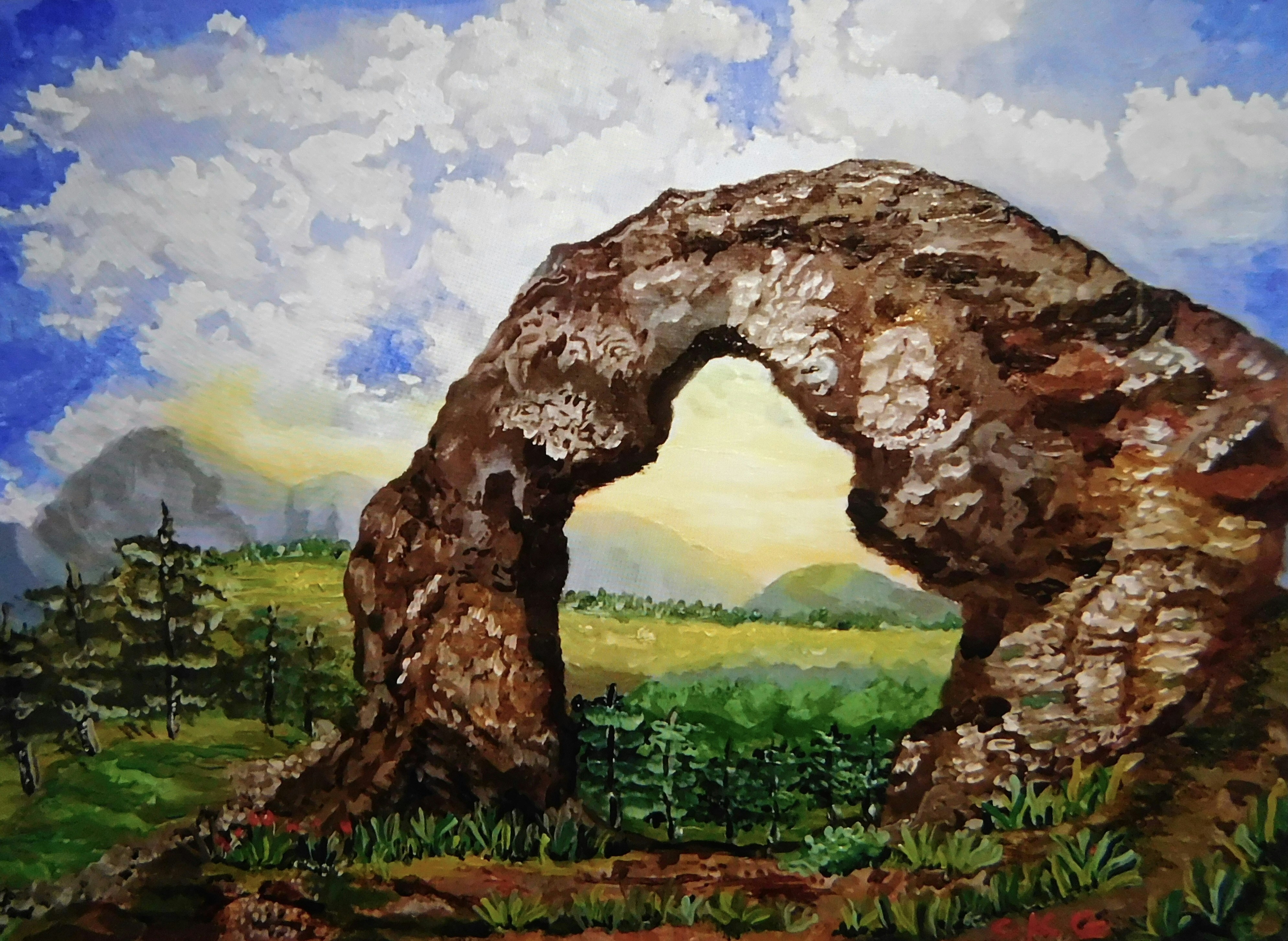 a painting of a stone arch in a field, An oil painting on canvas board, unusual rock formation. Offering the feeling of walking through into another world. A bit like the guardian of forever. An episode of Original Star Trek. Amazing nature in real life. Created entirely by the mystery of wind and water. Thousands of years to make, but mother nature is patient and long lived are the tools silently moulding this scene. Every environment has its own weakness from which land and air and water have the natural tools to weald. Changing landscapes one molecule at a time.