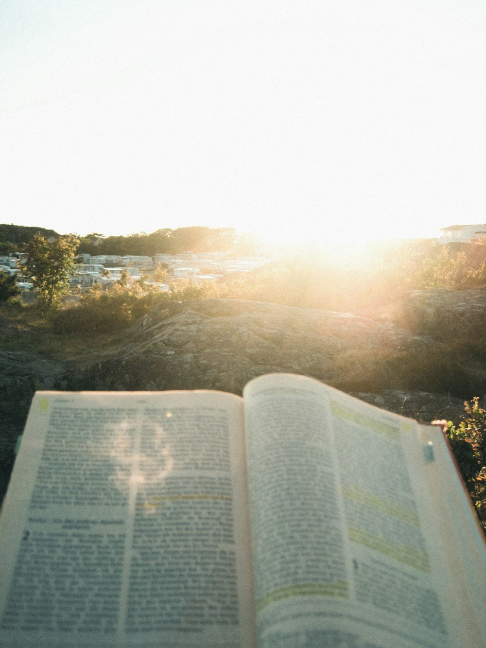 an open book sitting on top of a grass covered field