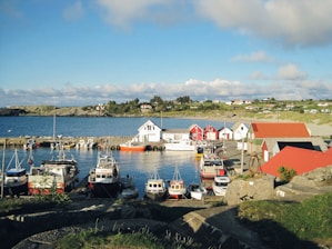A picturesque harbor scene with multiple boats docked alongside a small pier. Several colorful boathouses line the waterfront, with hues of red, white, and blue. The sea is calm, and the sky is mostly clear with some scattered clouds. In the background, there is a rocky shore with sparse greenery and a few houses visible.