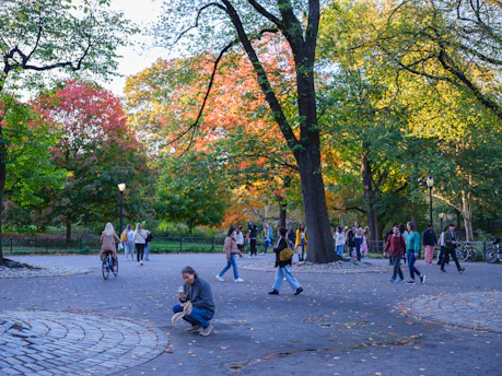 A smiling family happily exploring a Canadian city park during autumn