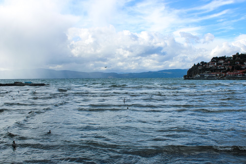 a body of water with a small town in the distance