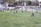 A football match is taking place on a grassy field with players wearing blue and black jerseys. One player lies on the ground while others are scattered around the field. There is an ambulance parked nearby, and flags are flying high. A referee in a bright uniform is present, and the background shows a few buildings and trees.