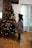 A child wearing a pink beret and a gray poncho stands next to a decorated Christmas tree. The tree is adorned with red and gold ornaments, lights, and large glittery bows. The setting is an indoor living room with hardwood floors and a large window with vertical blinds behind the tree.