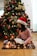 A child wearing a Santa hat sits on a checked blanket on the wooden floor, surrounded by Christmas lights, while reading a book. The decorated Christmas tree behind them is adorned with red and gold ornaments, including large bows and baubles. The warm glow of the lights creates a cozy, festive atmosphere.