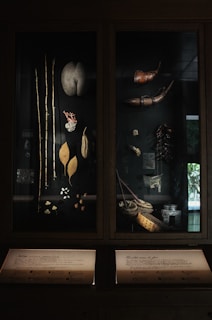 A dimly lit display case showcasing an assortment of natural and crafted objects divided into two sections. The left section contains long, thin bamboo or reed sticks, a large, round seed or fruit, dried leaves, coral, and small rock formations. The right section features tribal tools or musical instruments made from wood and animal horns, baskets, and a small collection of dark jars or containers. Below, there are plaques with text providing information about the exhibited items.