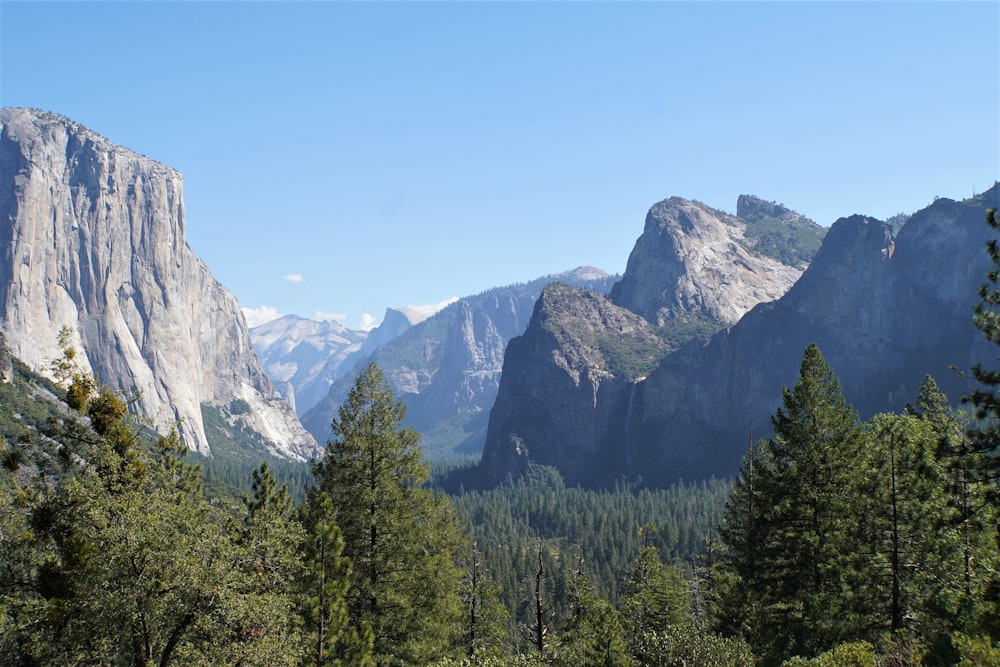 a mountain range with trees and mountains in the background