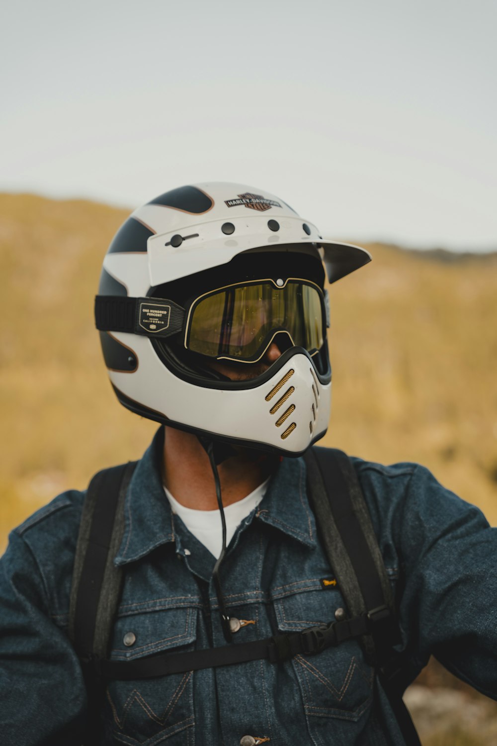 a man wearing a white helmet and goggles