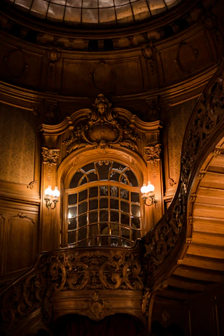 Close-up of intricate woodwork and vintage details inside the historic mansion.