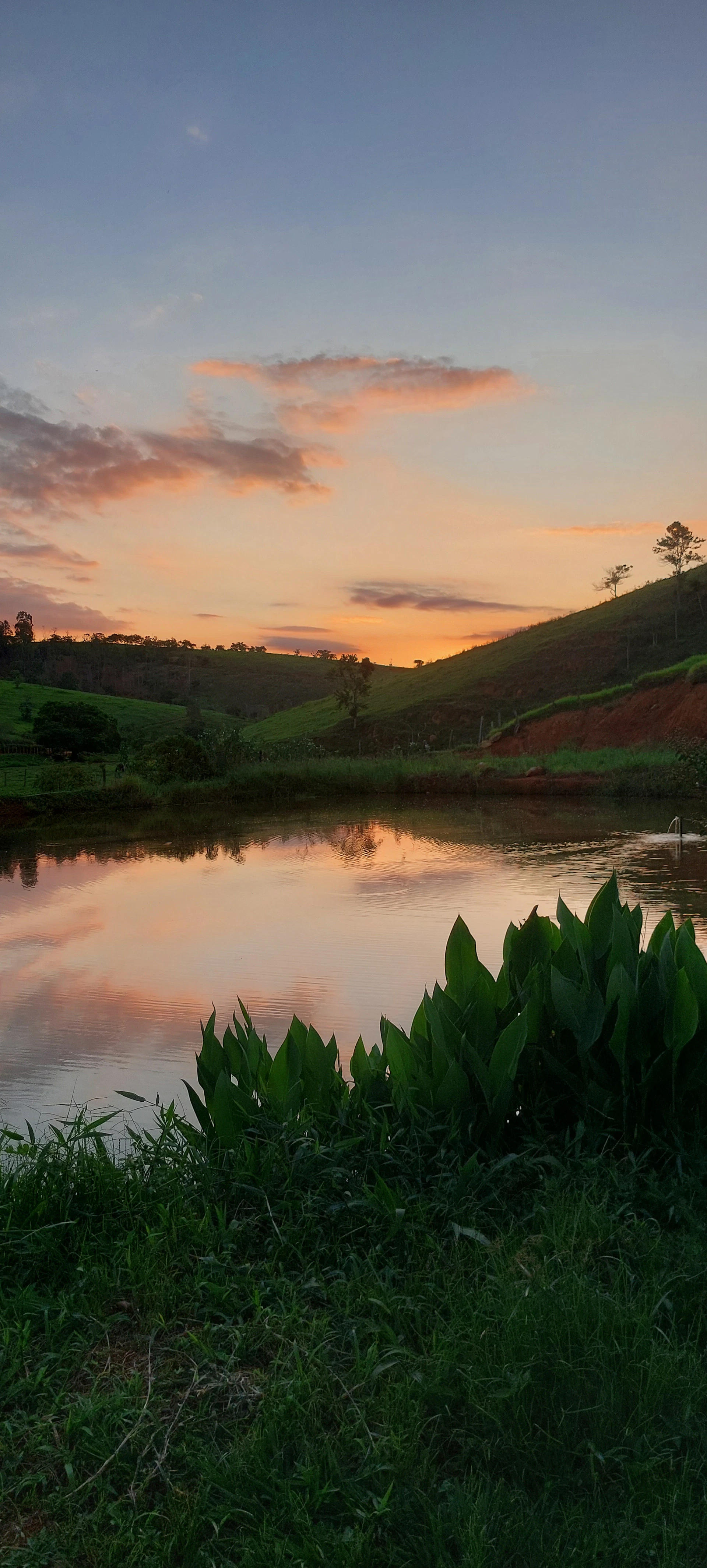 A serene landscape shot of a calm lake at sunset, with soft pink and orange hues reflecting on the water.