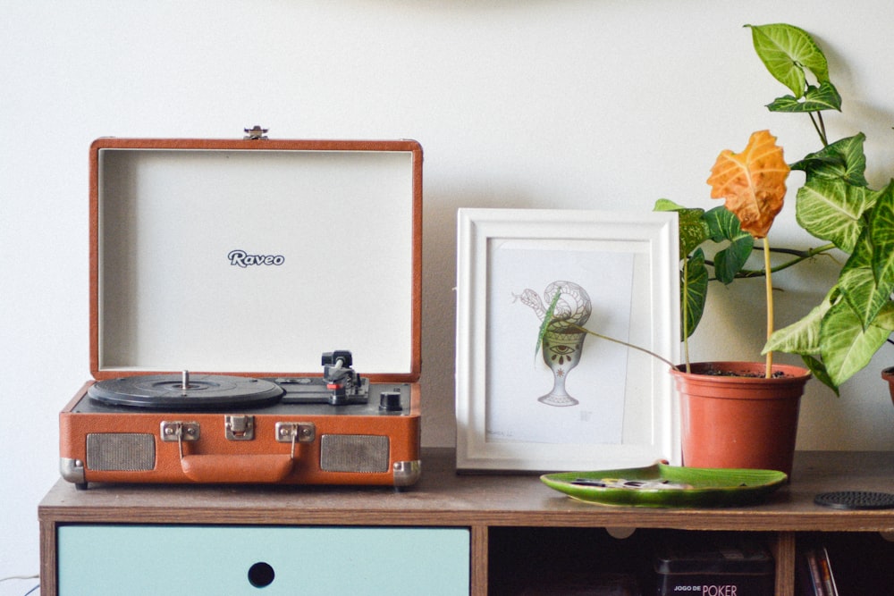 a record player sitting on top of a wooden table next to a potted plant