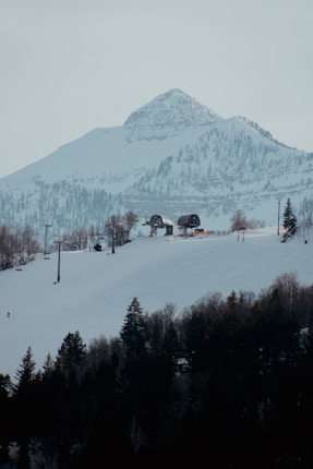 A snow-covered mountain peak stands prominently in the background, with a ski slope in the foreground. Ski lifts run along the slope, with trees scattered at the base of the mountain. There is a person skiing down the slope.