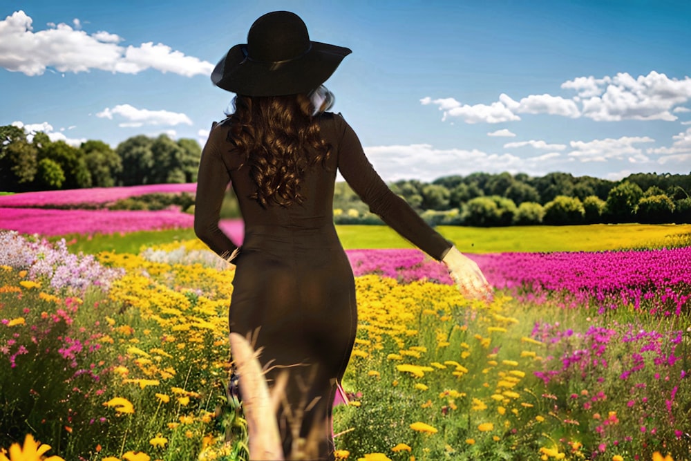 a woman walking through a field of flowers