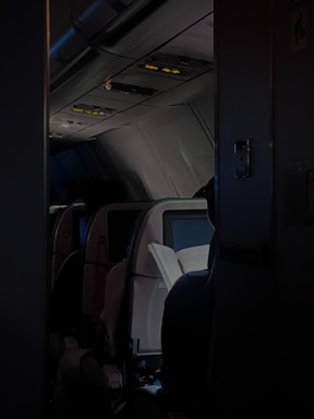 A dimly lit airplane cabin with a focus on a passenger reading a book in their seat. The overhead bins and ceiling controls are visible, and the seatback in-flight entertainment screens are turned off, adding to a calm and quiet atmosphere.