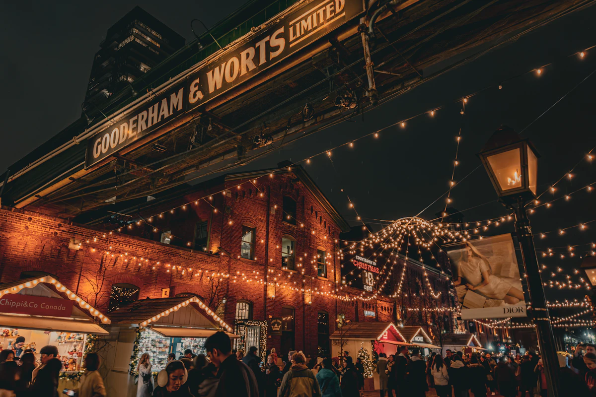 Holiday lights and crowds at the Distillery District Christmas market in Toronto