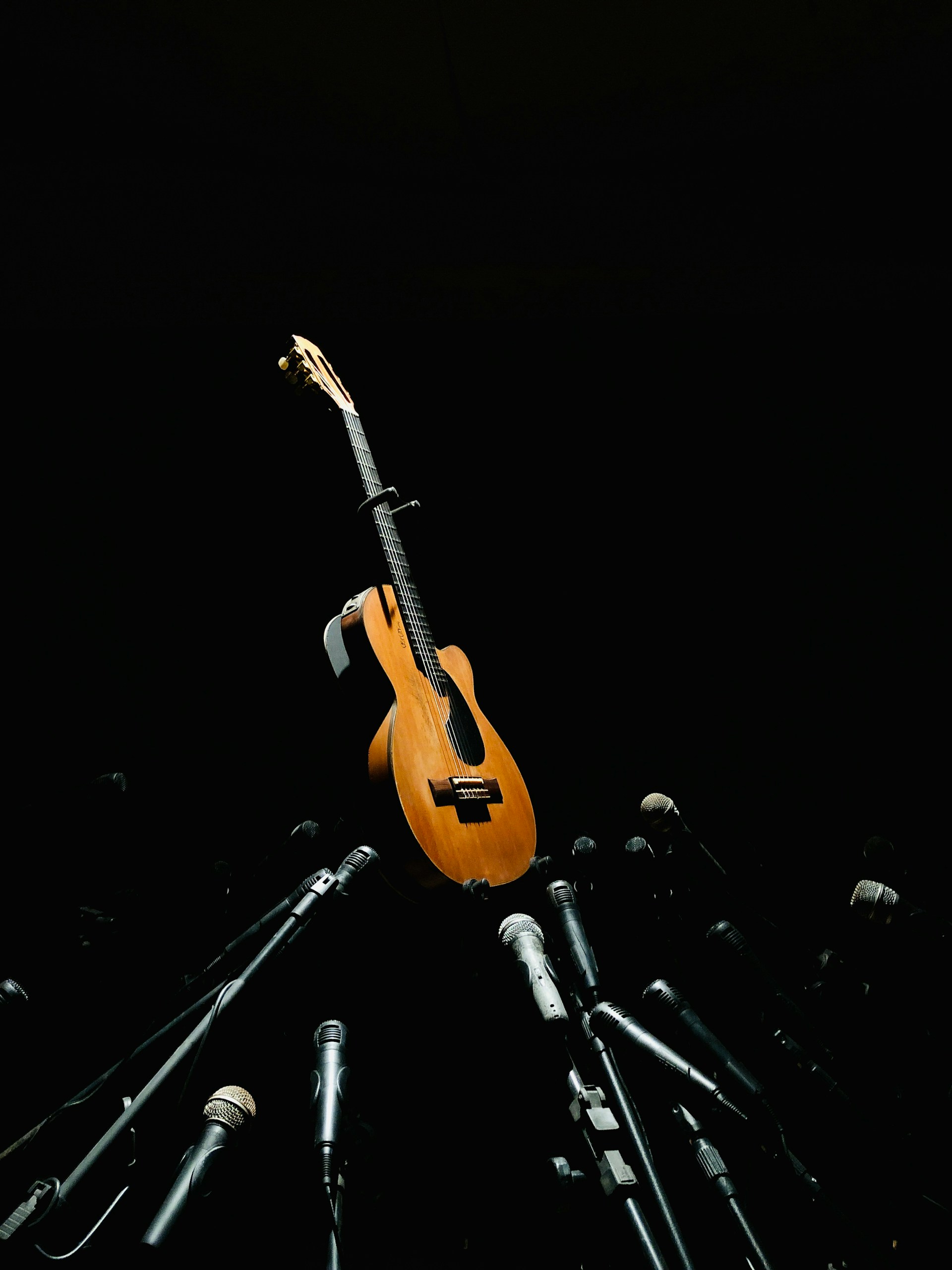 a guitar is surrounded by microphones and microphone heads