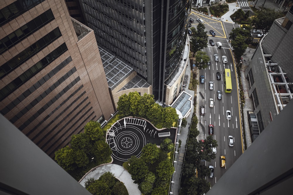 an aerial view of a city with tall buildings