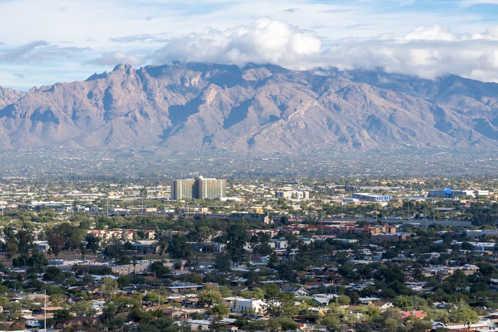 a view of a city with mountains in the background