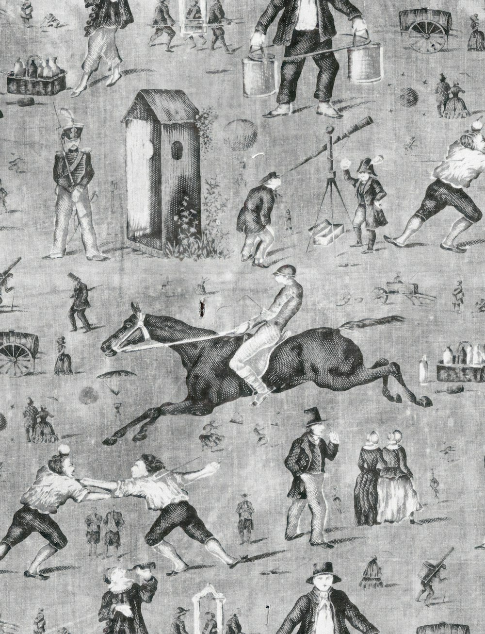 a black and white drawing of people and animals