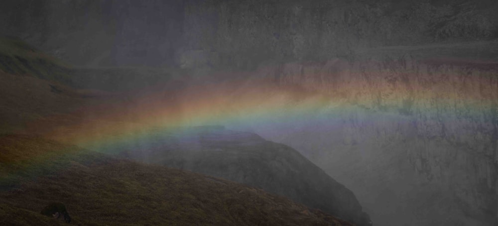 a rainbow in the sky over a waterfall