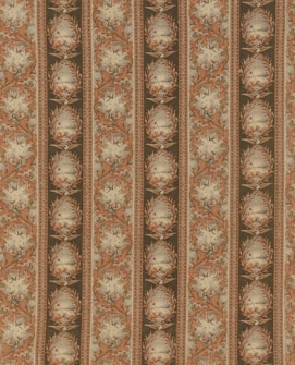 Intricate vintage wallpaper with a symmetrical pattern featuring oval medallions surrounded by ornate floral and leaf motifs. The design alternates between flowing, curved lines with detailed embellishments, outlining a sense of historical elegance.