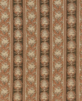 Intricate vintage wallpaper with a symmetrical pattern featuring oval medallions surrounded by ornate floral and leaf motifs. The design alternates between flowing, curved lines with detailed embellishments, outlining a sense of historical elegance.