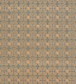 A repeating geometric pattern featuring intricate designs with floral and circular motifs. The pattern incorporates symmetrical arrangements in muted colors, evoking a vintage or traditional style.