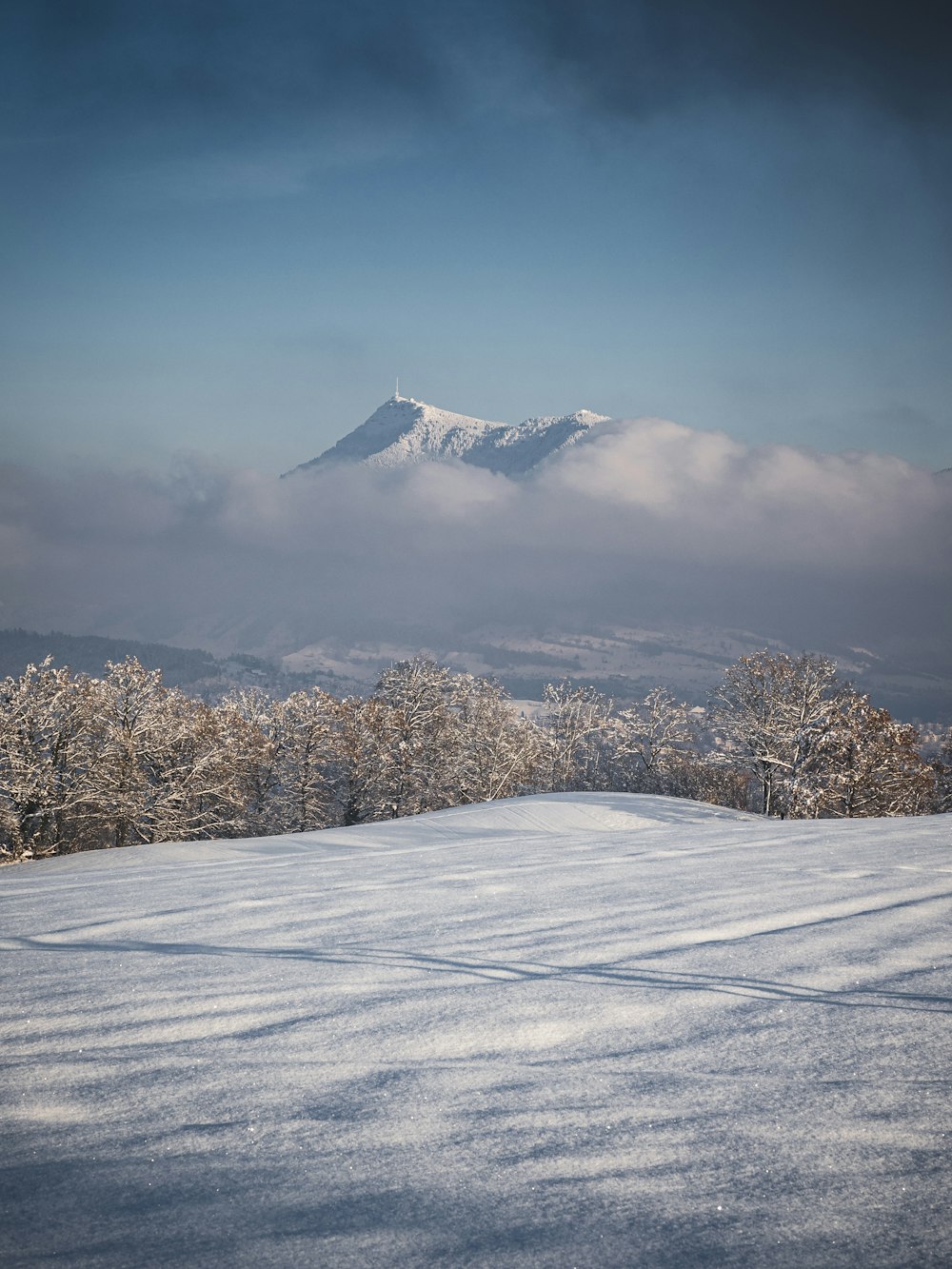 a snow covered field with a mountain in the background