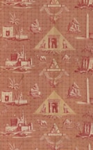 A patterned wallpaper featuring Egyptian motifs, including pyramids, sphinxes, camels, and palm trees. The design incorporates various Egyptian symbols and structures such as obelisks, making use of a reddish color palette.