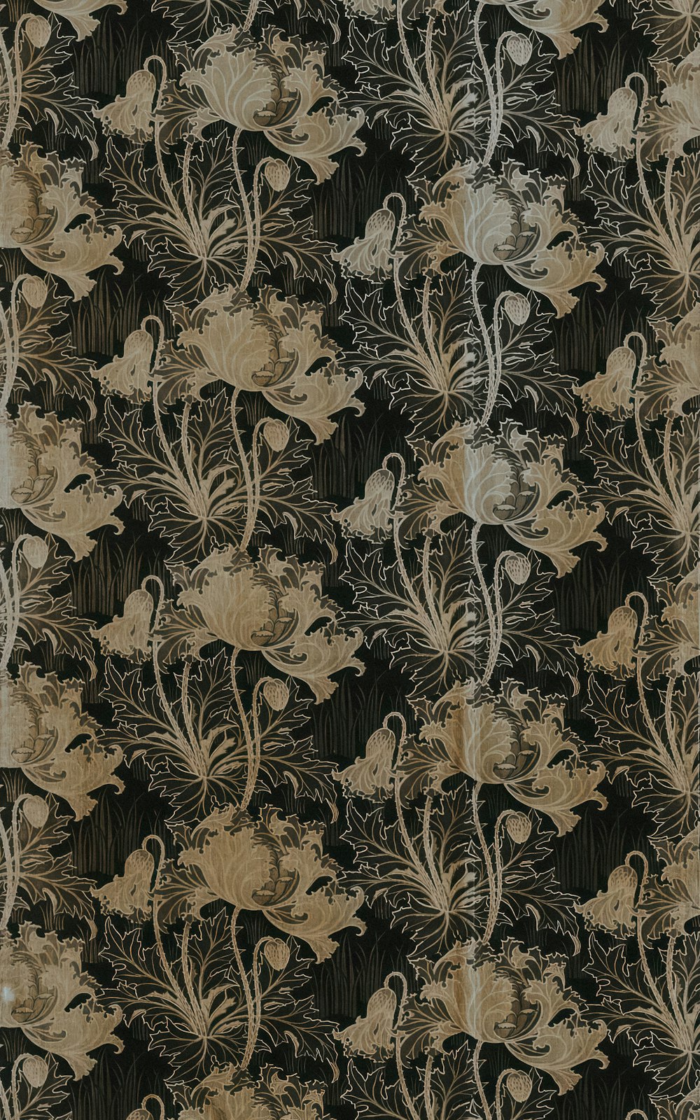 a black and gold wallpaper with flowers and leaves
