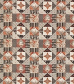 A detailed patchwork quilt pattern featuring a repeating geometric design. Each square is composed of smaller triangles and rectangles in shades of red, black, and beige. The pattern includes floral and paisley elements, with intricate linework and diverse textures providing visual interest.