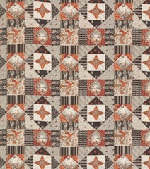 A detailed patchwork quilt pattern featuring a repeating geometric design. Each square is composed of smaller triangles and rectangles in shades of red, black, and beige. The pattern includes floral and paisley elements, with intricate linework and diverse textures providing visual interest.