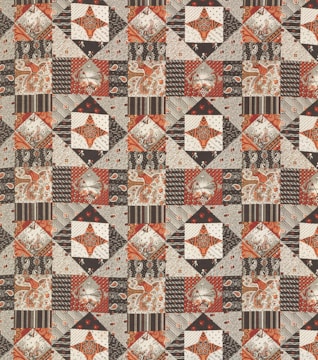 A detailed patchwork quilt pattern featuring a repeating geometric design. Each square is composed of smaller triangles and rectangles in shades of red, black, and beige. The pattern includes floral and paisley elements, with intricate linework and diverse textures providing visual interest.