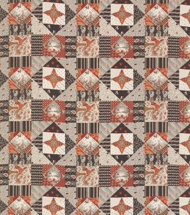 A detailed patchwork quilt pattern featuring a repeating geometric design. Each square is composed of smaller triangles and rectangles in shades of red, black, and beige. The pattern includes floral and paisley elements, with intricate linework and diverse textures providing visual interest.