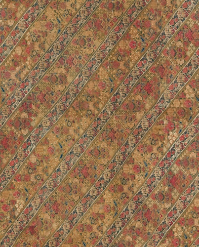 Intricate repeating pattern featuring diagonal stripes in varying earth tones. The design includes floral motifs and geometric shapes, creating a richly textured and traditional appearance.